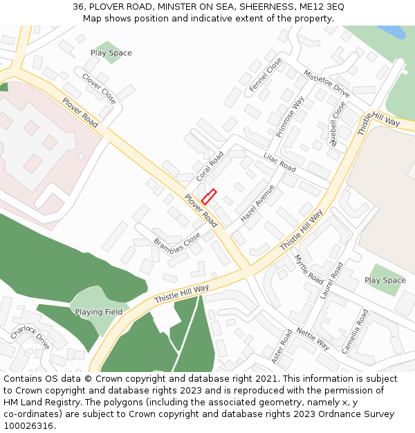 36, PLOVER ROAD, MINSTER ON SEA, SHEERNESS, ME12 3EQ: Location map and indicative extent of plot