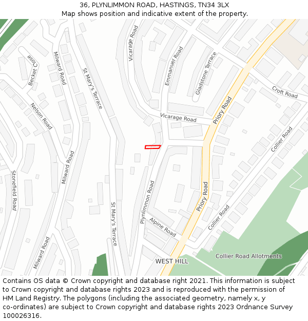 36, PLYNLIMMON ROAD, HASTINGS, TN34 3LX: Location map and indicative extent of plot