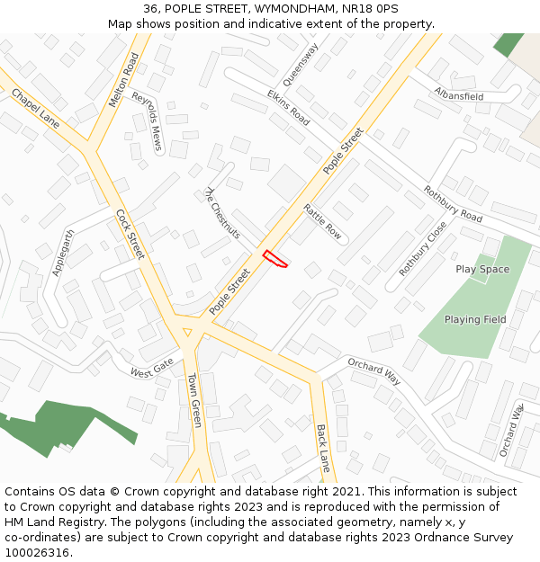 36, POPLE STREET, WYMONDHAM, NR18 0PS: Location map and indicative extent of plot
