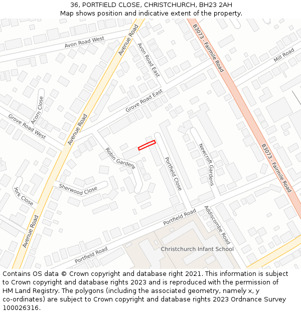 36, PORTFIELD CLOSE, CHRISTCHURCH, BH23 2AH: Location map and indicative extent of plot