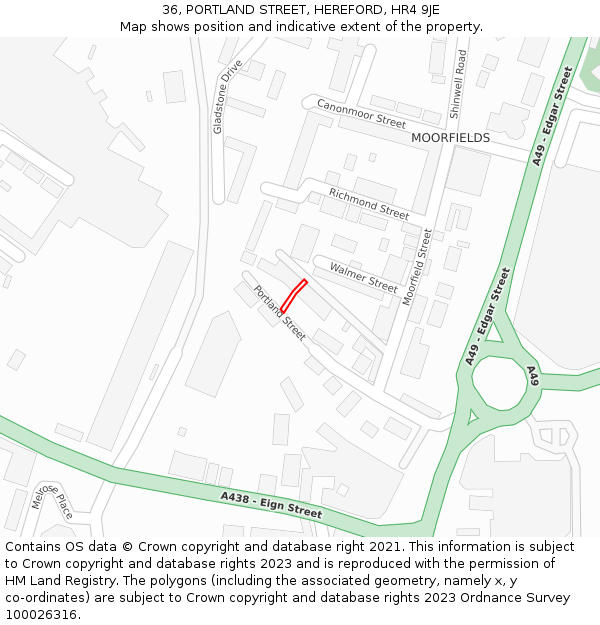 36, PORTLAND STREET, HEREFORD, HR4 9JE: Location map and indicative extent of plot