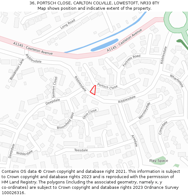 36, PORTSCH CLOSE, CARLTON COLVILLE, LOWESTOFT, NR33 8TY: Location map and indicative extent of plot