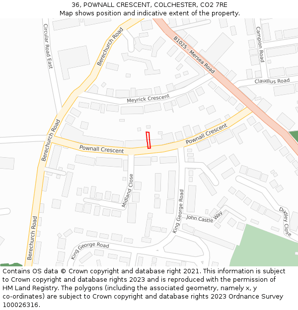 36, POWNALL CRESCENT, COLCHESTER, CO2 7RE: Location map and indicative extent of plot
