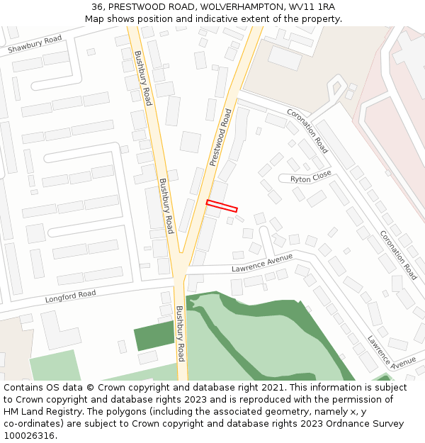 36, PRESTWOOD ROAD, WOLVERHAMPTON, WV11 1RA: Location map and indicative extent of plot