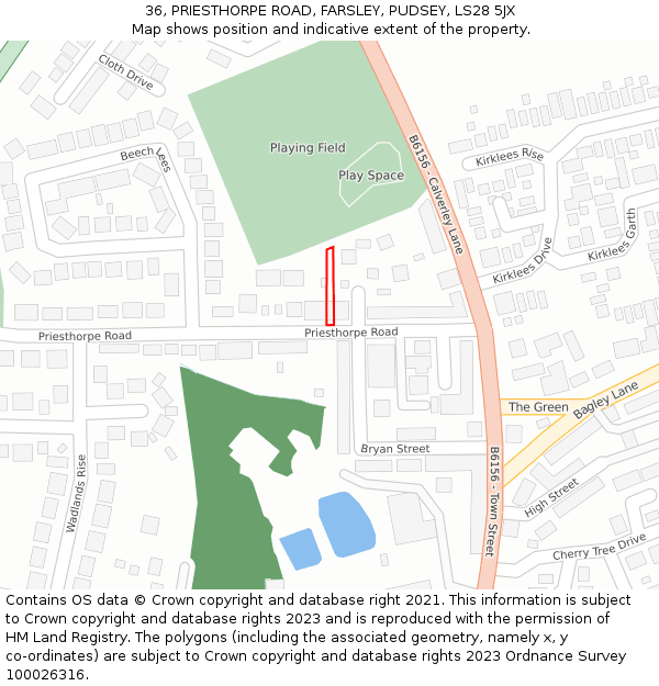36, PRIESTHORPE ROAD, FARSLEY, PUDSEY, LS28 5JX: Location map and indicative extent of plot