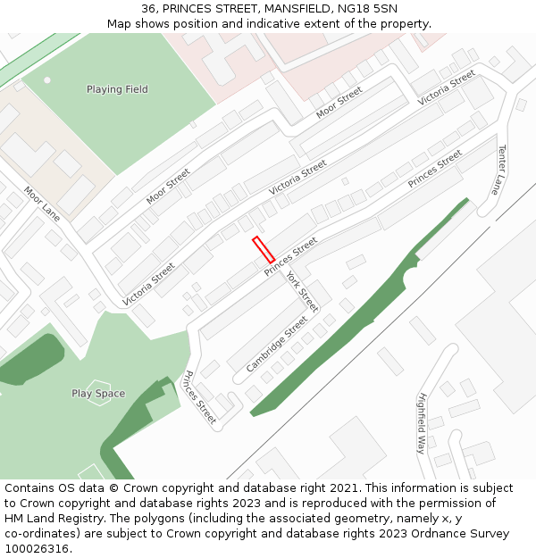 36, PRINCES STREET, MANSFIELD, NG18 5SN: Location map and indicative extent of plot