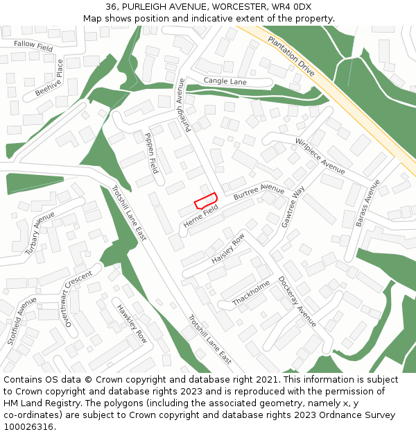 36, PURLEIGH AVENUE, WORCESTER, WR4 0DX: Location map and indicative extent of plot
