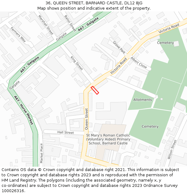 36, QUEEN STREET, BARNARD CASTLE, DL12 8JG: Location map and indicative extent of plot