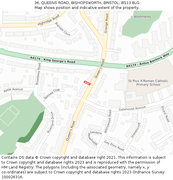 36, QUEENS ROAD, BISHOPSWORTH, BRISTOL, BS13 8LG: Location map and indicative extent of plot