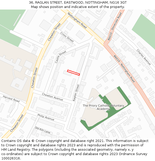 36, RAGLAN STREET, EASTWOOD, NOTTINGHAM, NG16 3GT: Location map and indicative extent of plot