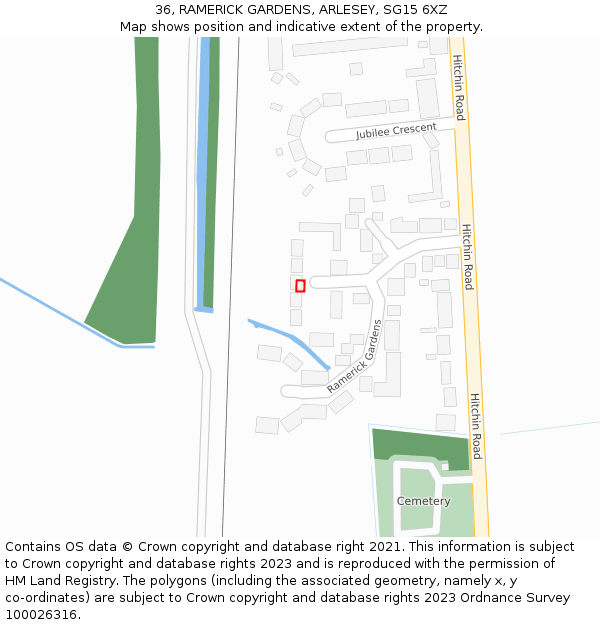36, RAMERICK GARDENS, ARLESEY, SG15 6XZ: Location map and indicative extent of plot