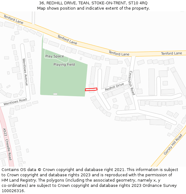 36, REDHILL DRIVE, TEAN, STOKE-ON-TRENT, ST10 4RQ: Location map and indicative extent of plot
