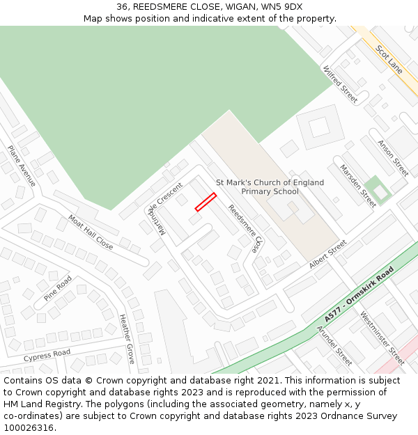 36, REEDSMERE CLOSE, WIGAN, WN5 9DX: Location map and indicative extent of plot