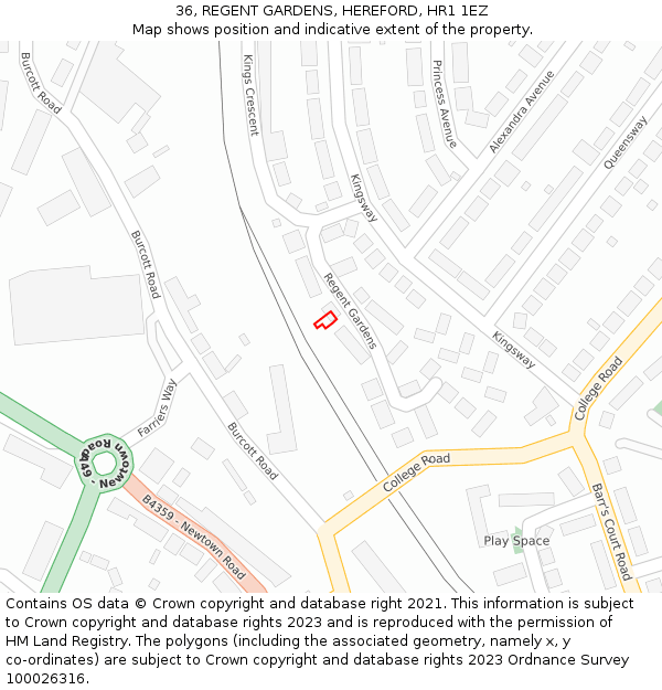36, REGENT GARDENS, HEREFORD, HR1 1EZ: Location map and indicative extent of plot