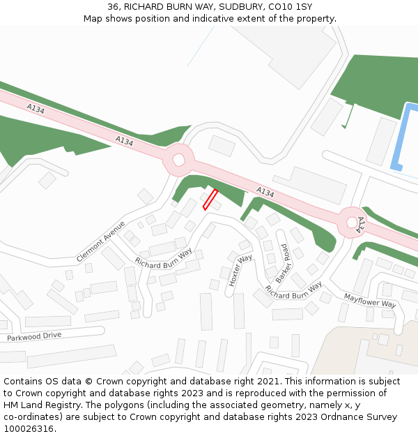 36, RICHARD BURN WAY, SUDBURY, CO10 1SY: Location map and indicative extent of plot