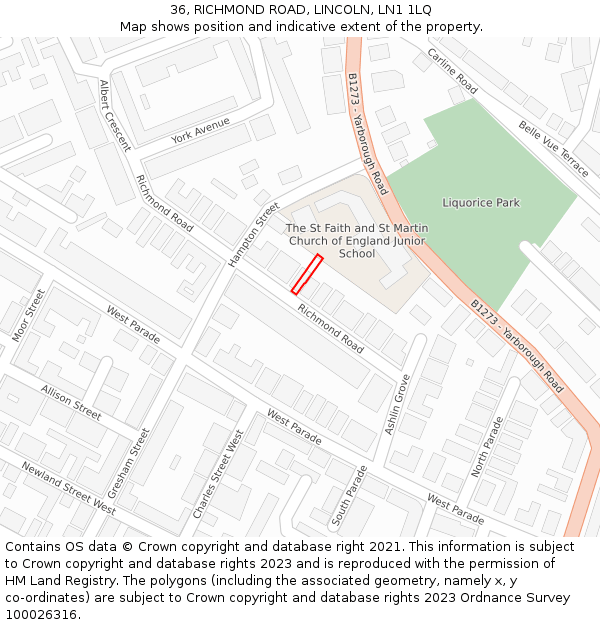 36, RICHMOND ROAD, LINCOLN, LN1 1LQ: Location map and indicative extent of plot