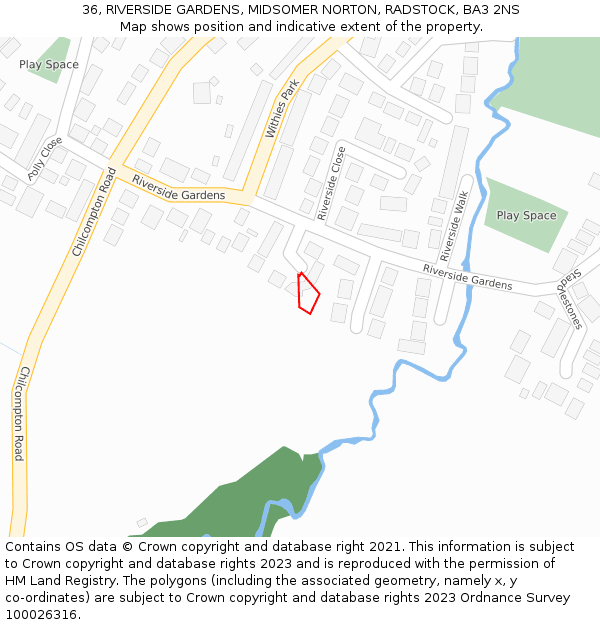 36, RIVERSIDE GARDENS, MIDSOMER NORTON, RADSTOCK, BA3 2NS: Location map and indicative extent of plot