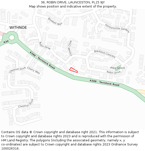 36, ROBIN DRIVE, LAUNCESTON, PL15 9JY: Location map and indicative extent of plot