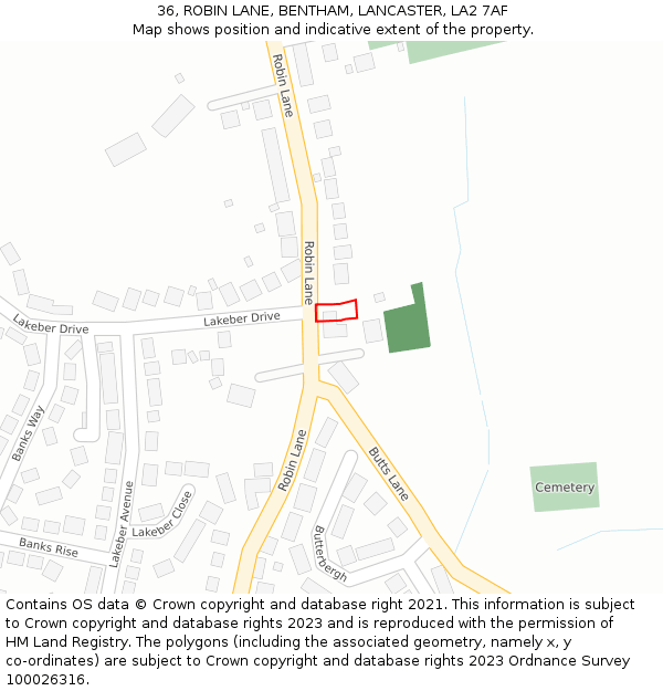36, ROBIN LANE, BENTHAM, LANCASTER, LA2 7AF: Location map and indicative extent of plot