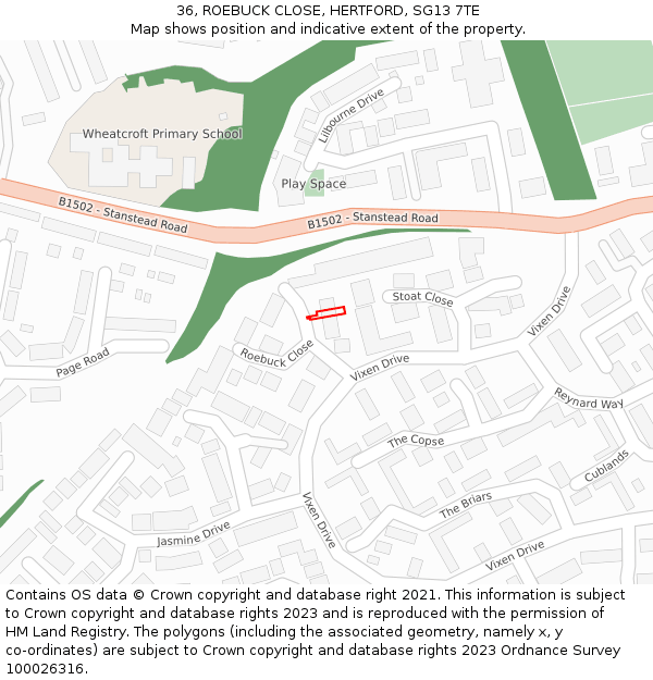 36, ROEBUCK CLOSE, HERTFORD, SG13 7TE: Location map and indicative extent of plot