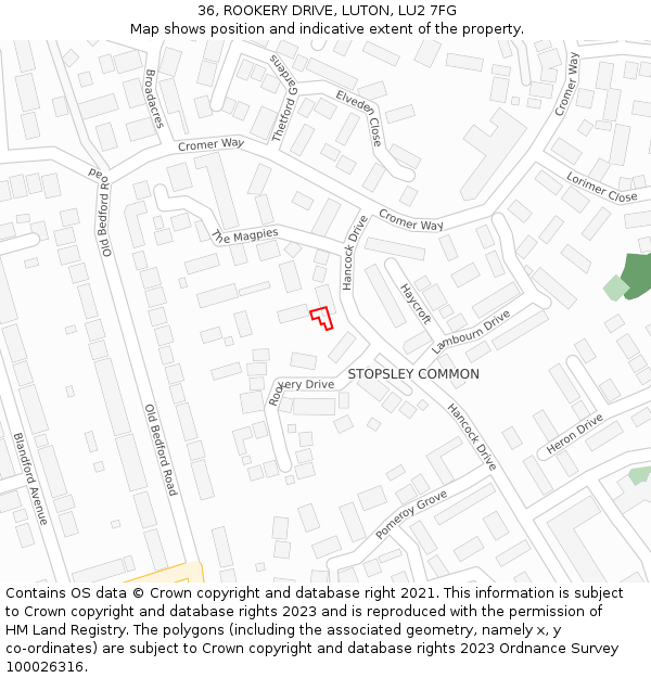 36, ROOKERY DRIVE, LUTON, LU2 7FG: Location map and indicative extent of plot