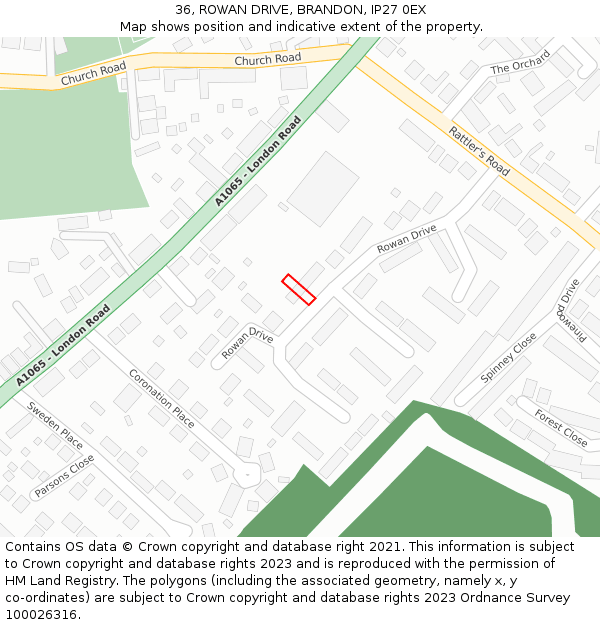 36, ROWAN DRIVE, BRANDON, IP27 0EX: Location map and indicative extent of plot