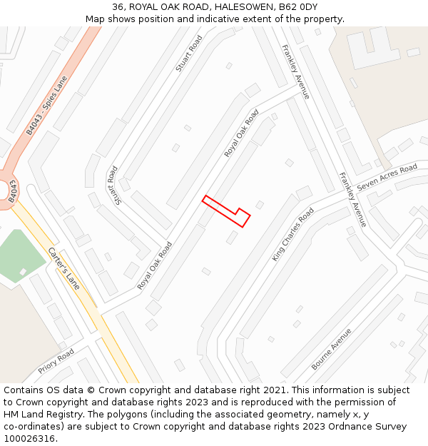 36, ROYAL OAK ROAD, HALESOWEN, B62 0DY: Location map and indicative extent of plot