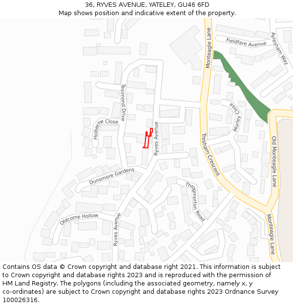 36, RYVES AVENUE, YATELEY, GU46 6FD: Location map and indicative extent of plot