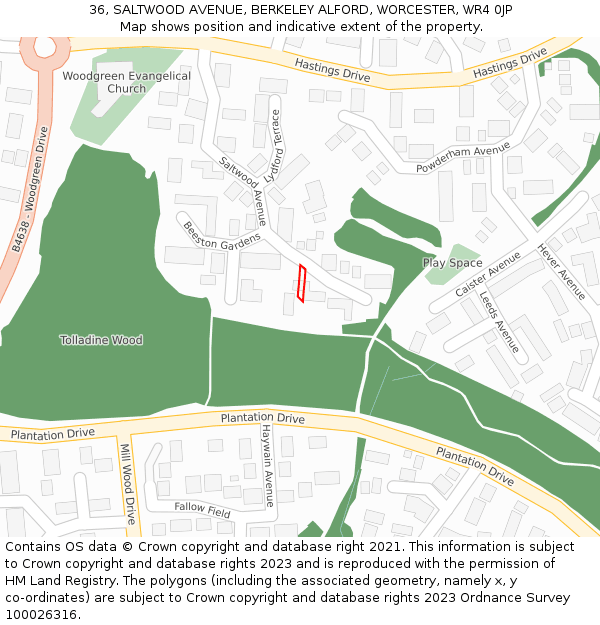 36, SALTWOOD AVENUE, BERKELEY ALFORD, WORCESTER, WR4 0JP: Location map and indicative extent of plot