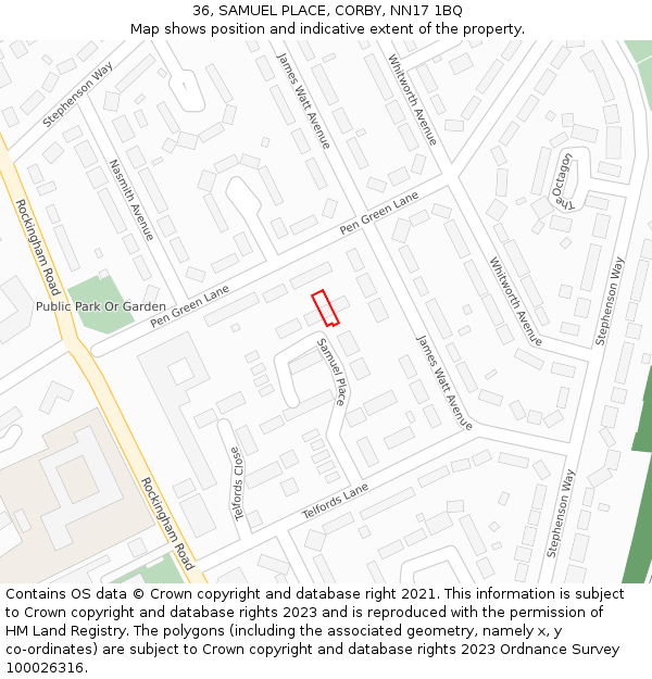 36, SAMUEL PLACE, CORBY, NN17 1BQ: Location map and indicative extent of plot
