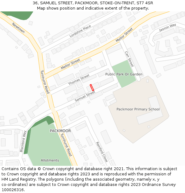 36, SAMUEL STREET, PACKMOOR, STOKE-ON-TRENT, ST7 4SR: Location map and indicative extent of plot