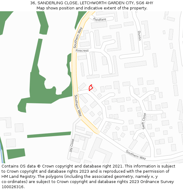 36, SANDERLING CLOSE, LETCHWORTH GARDEN CITY, SG6 4HY: Location map and indicative extent of plot