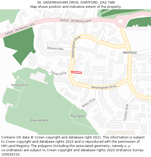 36, SANDRINGHAM DRIVE, DARTFORD, DA2 7WB: Location map and indicative extent of plot