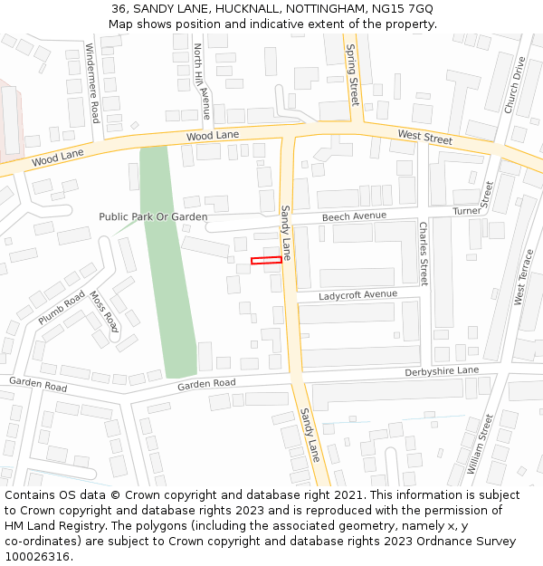 36, SANDY LANE, HUCKNALL, NOTTINGHAM, NG15 7GQ: Location map and indicative extent of plot