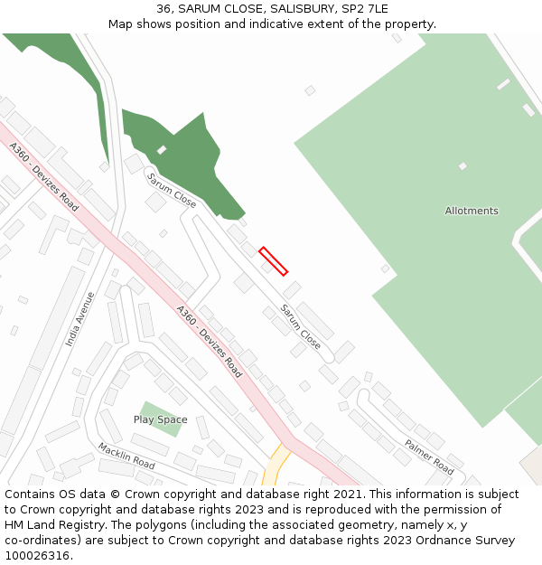36, SARUM CLOSE, SALISBURY, SP2 7LE: Location map and indicative extent of plot
