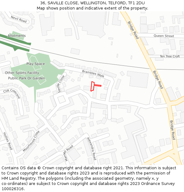 36, SAVILLE CLOSE, WELLINGTON, TELFORD, TF1 2DU: Location map and indicative extent of plot
