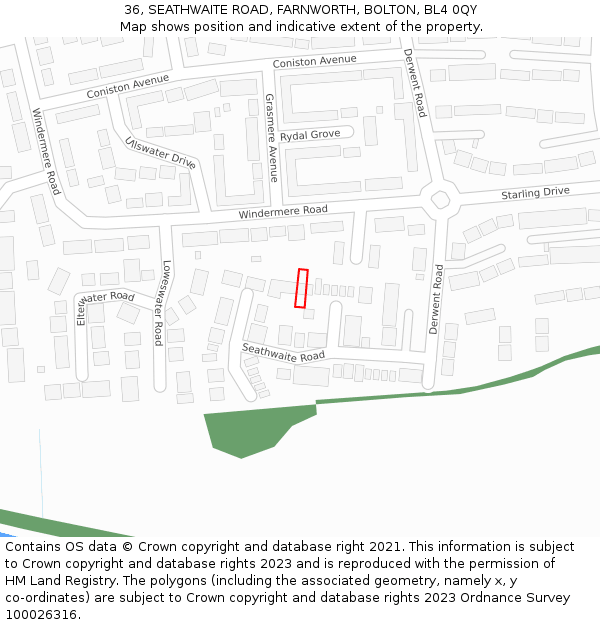 36, SEATHWAITE ROAD, FARNWORTH, BOLTON, BL4 0QY: Location map and indicative extent of plot
