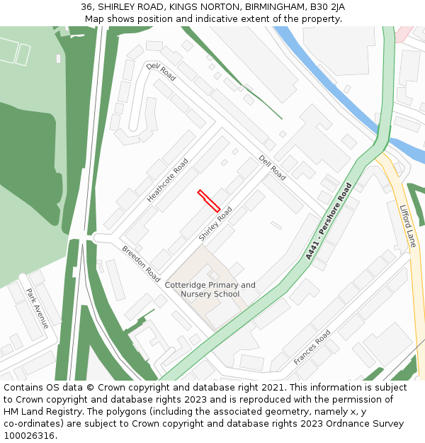 36, SHIRLEY ROAD, KINGS NORTON, BIRMINGHAM, B30 2JA: Location map and indicative extent of plot