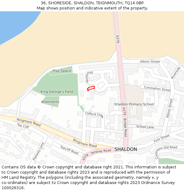 36, SHORESIDE, SHALDON, TEIGNMOUTH, TQ14 0BP: Location map and indicative extent of plot