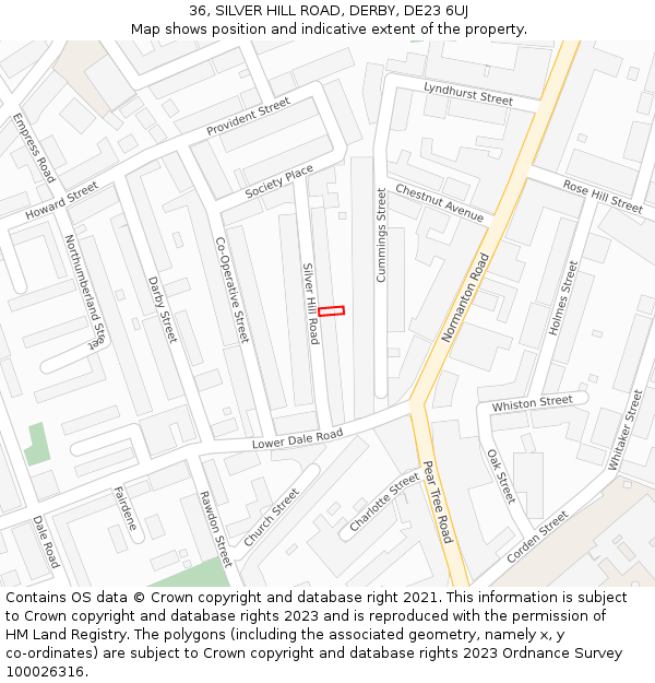 36, SILVER HILL ROAD, DERBY, DE23 6UJ: Location map and indicative extent of plot