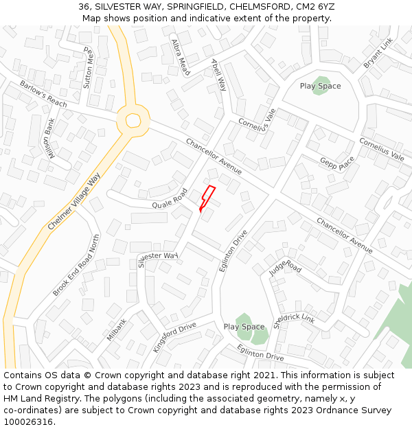 36, SILVESTER WAY, SPRINGFIELD, CHELMSFORD, CM2 6YZ: Location map and indicative extent of plot