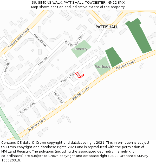 36, SIMONS WALK, PATTISHALL, TOWCESTER, NN12 8NX: Location map and indicative extent of plot