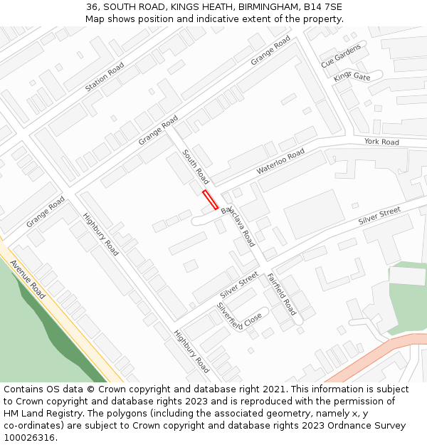 36, SOUTH ROAD, KINGS HEATH, BIRMINGHAM, B14 7SE: Location map and indicative extent of plot