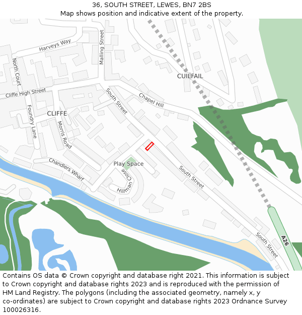 36, SOUTH STREET, LEWES, BN7 2BS: Location map and indicative extent of plot