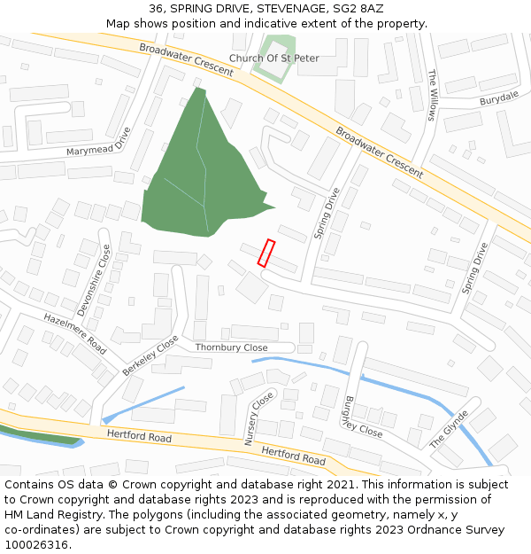 36, SPRING DRIVE, STEVENAGE, SG2 8AZ: Location map and indicative extent of plot