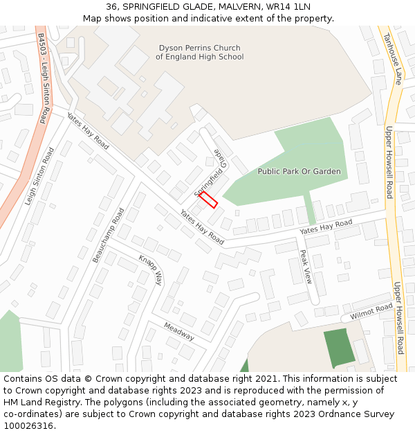 36, SPRINGFIELD GLADE, MALVERN, WR14 1LN: Location map and indicative extent of plot