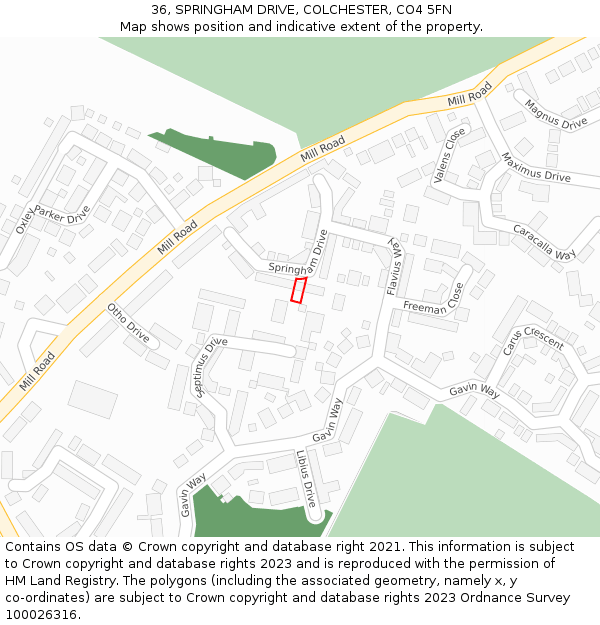 36, SPRINGHAM DRIVE, COLCHESTER, CO4 5FN: Location map and indicative extent of plot