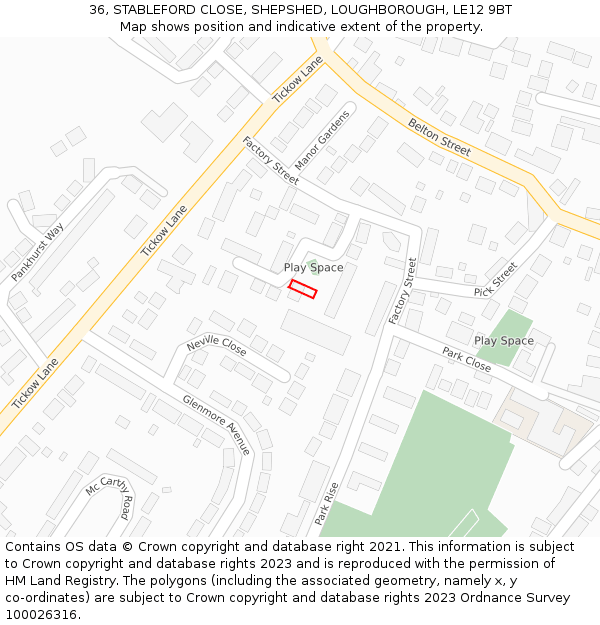 36, STABLEFORD CLOSE, SHEPSHED, LOUGHBOROUGH, LE12 9BT: Location map and indicative extent of plot
