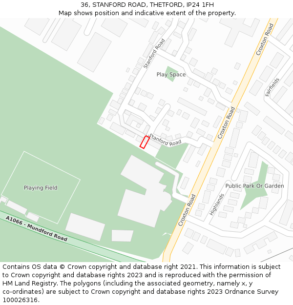 36, STANFORD ROAD, THETFORD, IP24 1FH: Location map and indicative extent of plot