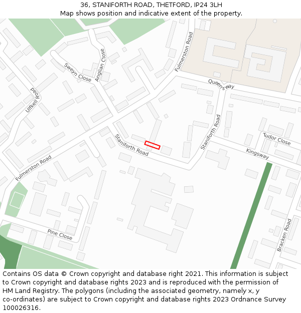 36, STANIFORTH ROAD, THETFORD, IP24 3LH: Location map and indicative extent of plot
